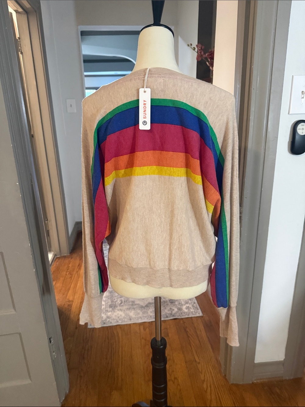 New Sundry Beige Sweater with Rainbow Stripes - Picture 3 of 5